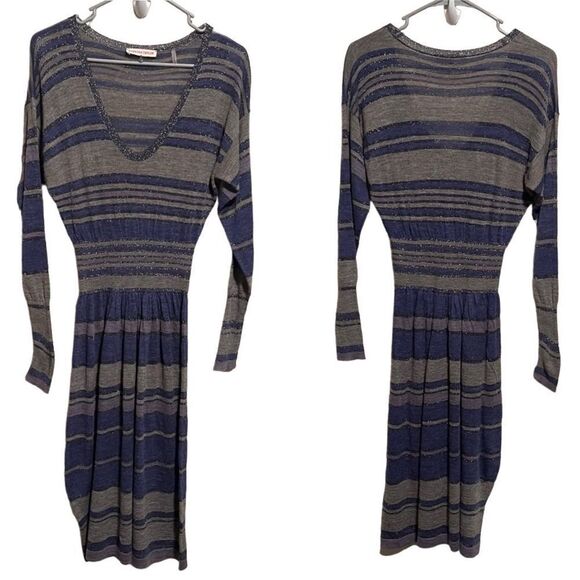 Rebecca Taylor- Women’s Metallic Blue Striped V-Neck Long Sleeve Dress, Size S - Picture 2 of 14